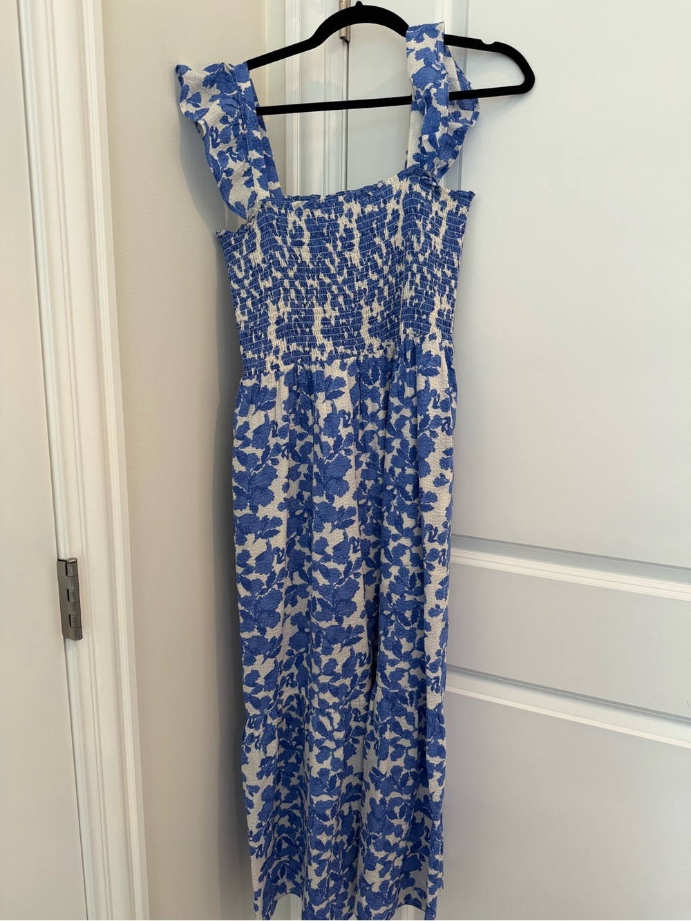 THML Blue and White Floral Smocked Maxi Dress